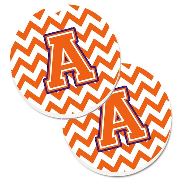 Carolines Treasures Letter A Chevron Orange and Regalia Set of 2 Cup Holder Car Coaster CJ1062-ACARC - main